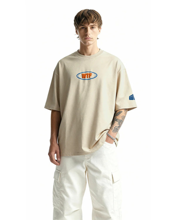 Clostar Oversized Embroidered Graphic T-Shirt – Beige Premium Cotton Relaxed Fit